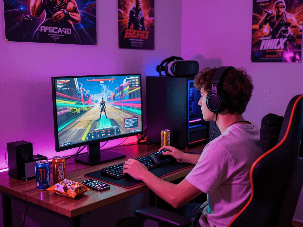 Engaged player enjoying immersive porn games in a vibrant gaming room with LED lights, snacks, and gaming gear.