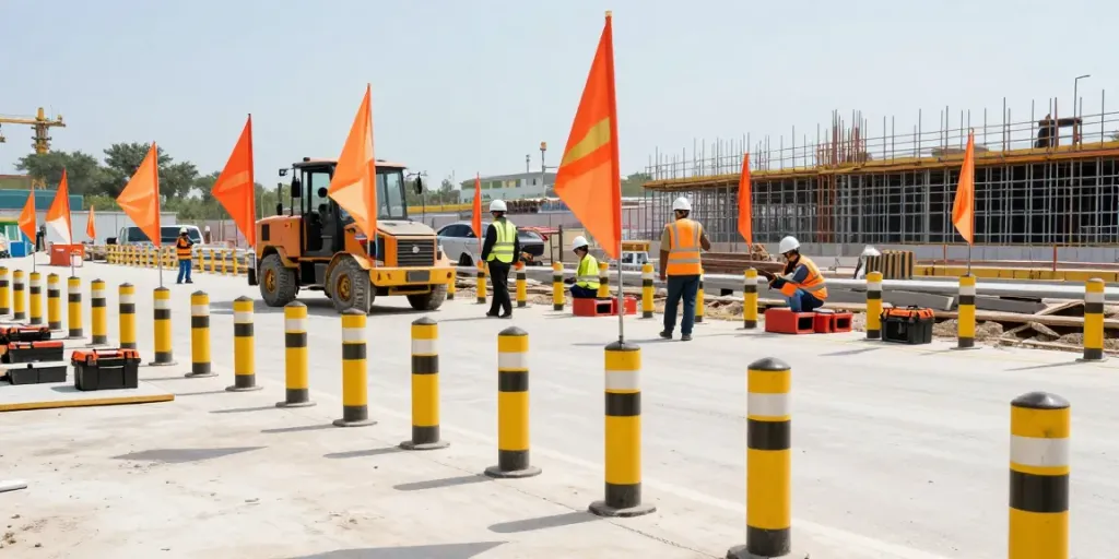 Safety bollards protecting active construction zones with workers and machinery.