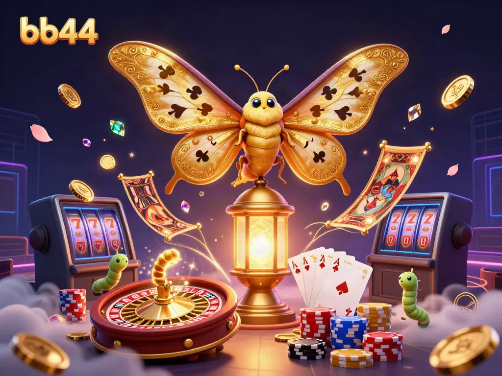 Experience the thrill of bb44 gaming with a vibrant illustration of a golden moth and casino elements.