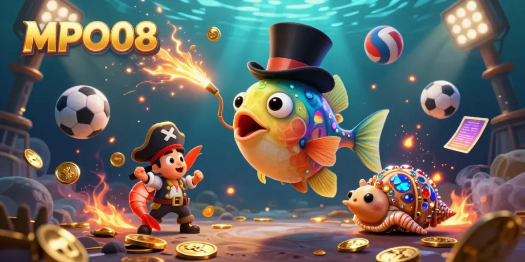 MPO08 glowing lure draws in golden coins with cartoon characters in a vibrant gambling scene.
