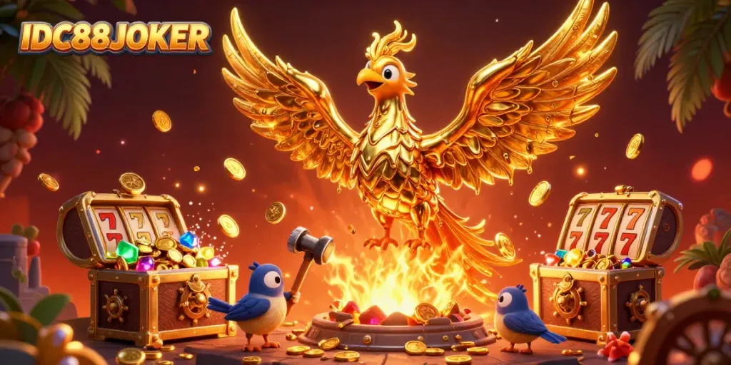 Celebrate winning with IDC88JOKER's vibrant 3D scene of fortune and fun!