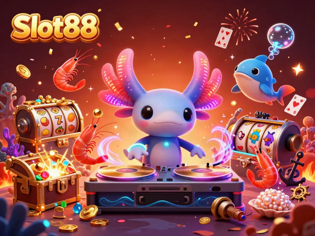 Experience vibrant Slot88 action with a neon axolotl DJ and lively underwater characters.