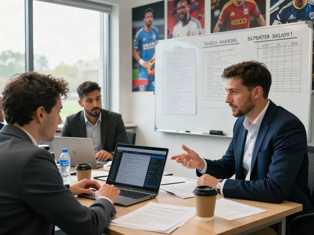 Dynamic football transfer negotiations showcase with agents discussing ข่าวกีฬาฟุตบอล in a vibrant office.