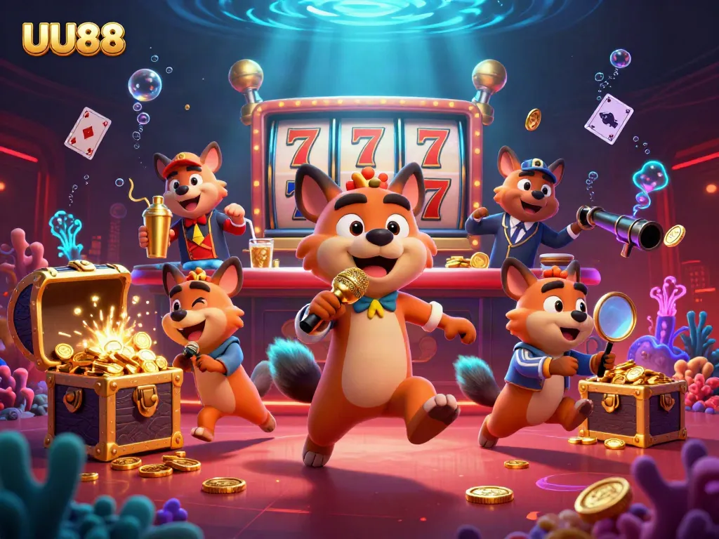 Engage with UU88's vibrant casino experience featuring 3D hyenas in a comedic setting.