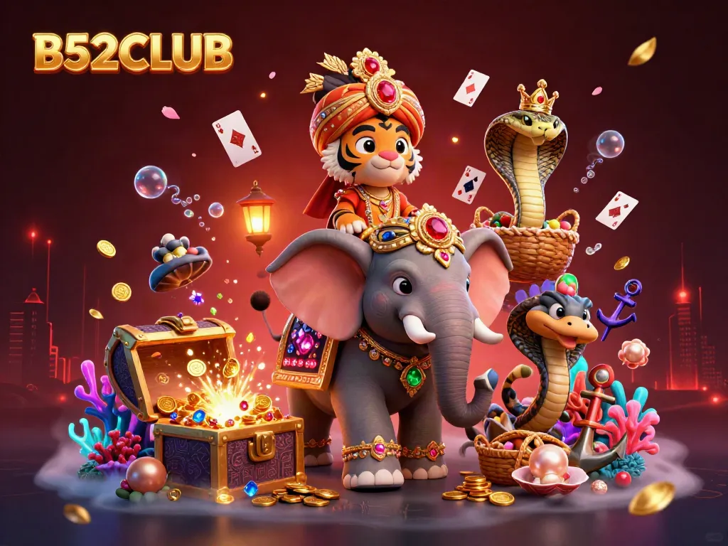 B52CLUB showcases a dynamic 3D scene with game elements and colorful characters for an exhilarating gaming experience.