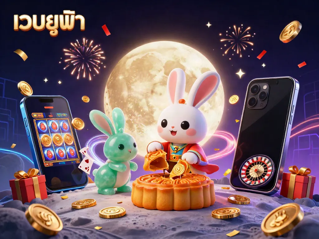 Engage with เว็บยูฟ่า as a 3D moon rabbit reveals poker chips inside mooncakes, symbolizing thrilling online gaming.