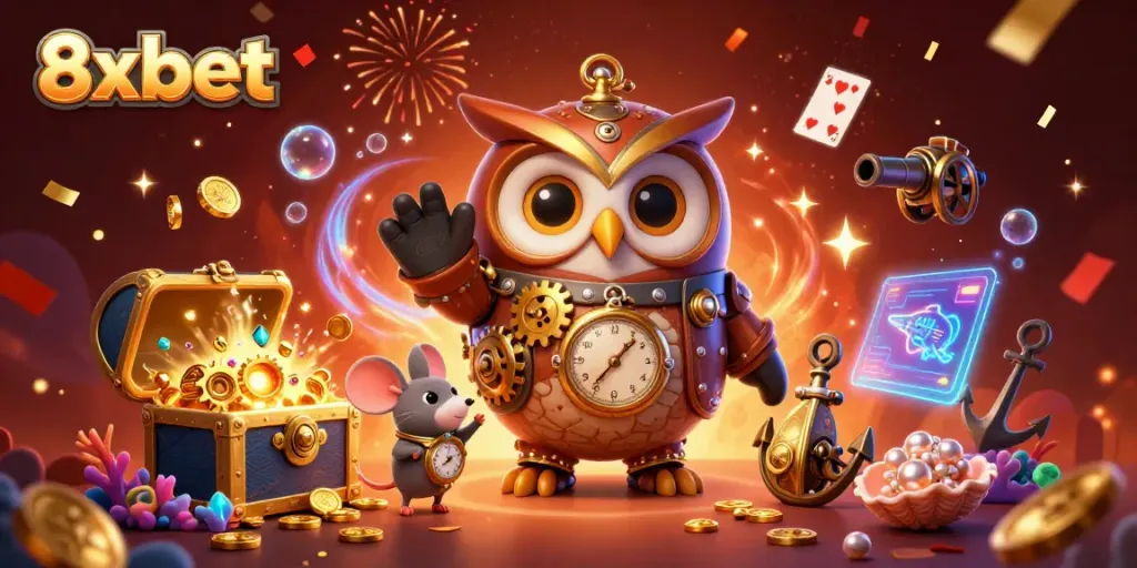 Experience the vibrant gaming world of 8xbet, featuring a whimsical steampunk owl and underwater treasures in a dynamic scene.