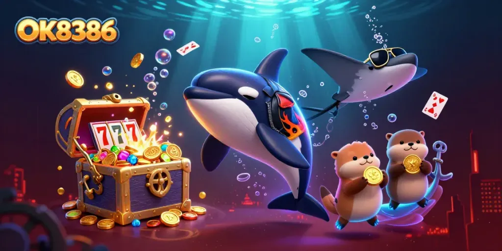 Experience the excitement of OK8386 with vibrant sea creatures celebrating jackpots and fantastic underwater rewards.