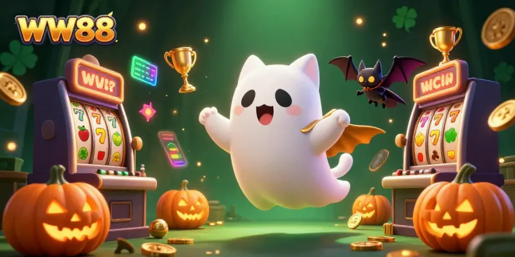 Engage with WW88 by exploring the lively haunted casino scene with a ghost cat, vampire bat, and thrilling slot elements.
