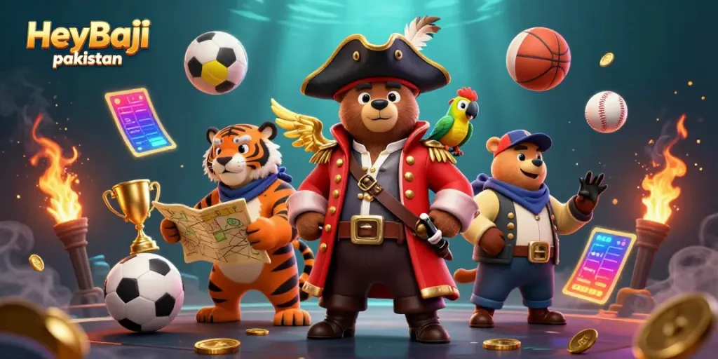 Engage with HeyBaji pakistan's thrilling gaming experience featuring a pirate bear and dynamic sports elements.
