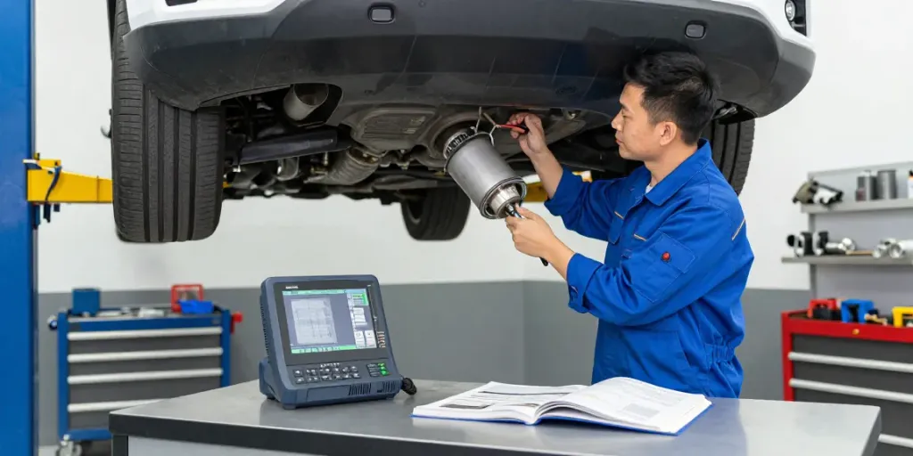 Mechaniker bei der DPF-Regeneration in einer Werkstatt mit Werkzeugen und Fahrzeugteilen.