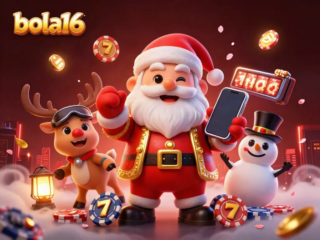 Engage with bola16's slots as Santa and friends celebrate jackpots in this vibrant casino scene.