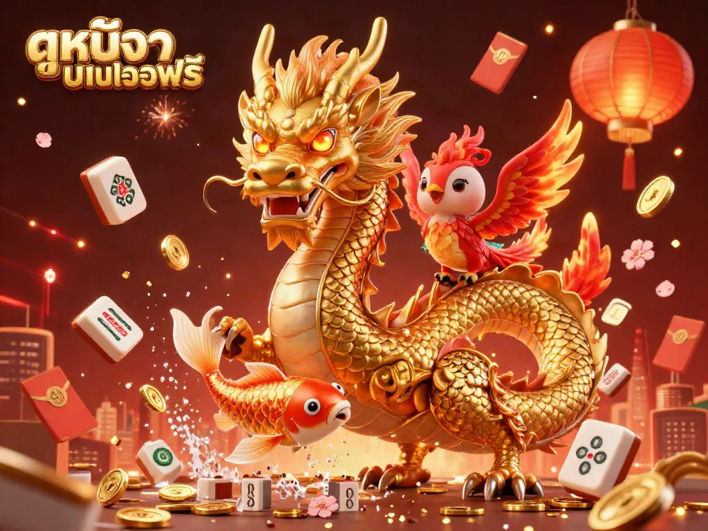 Experience the excitement of ดูหนังออนไลน์ฟรี with a captivating 3D illustration featuring a golden dragon, phoenix, and koi fish amidst dynamic casino elements.
