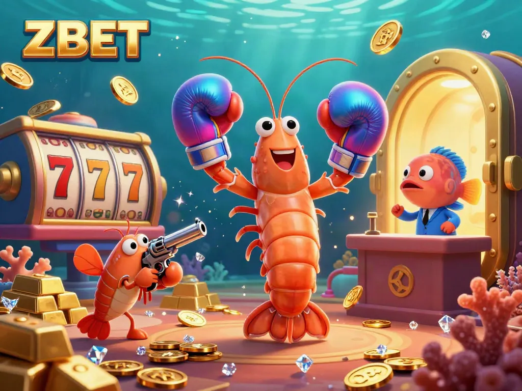 ZBET's vibrant casino scene features a mantis shrimp in boxing gloves, emphasizing dynamic slot gameplay.