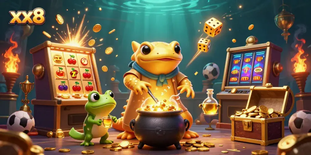 Experience the thrill of xx8 with a magical scene featuring an alchemist and vibrant casino elements.