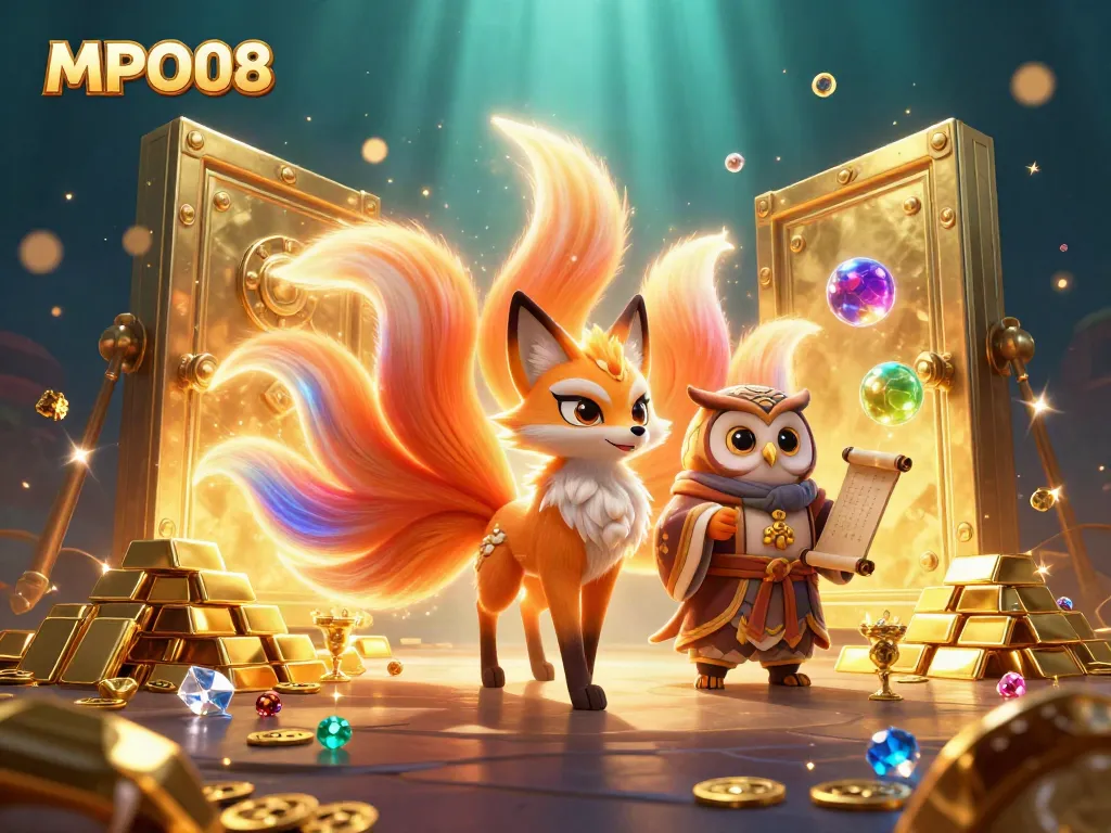 MPO08 showcases vibrant casino-themed illustration featuring mystical animals and treasures.