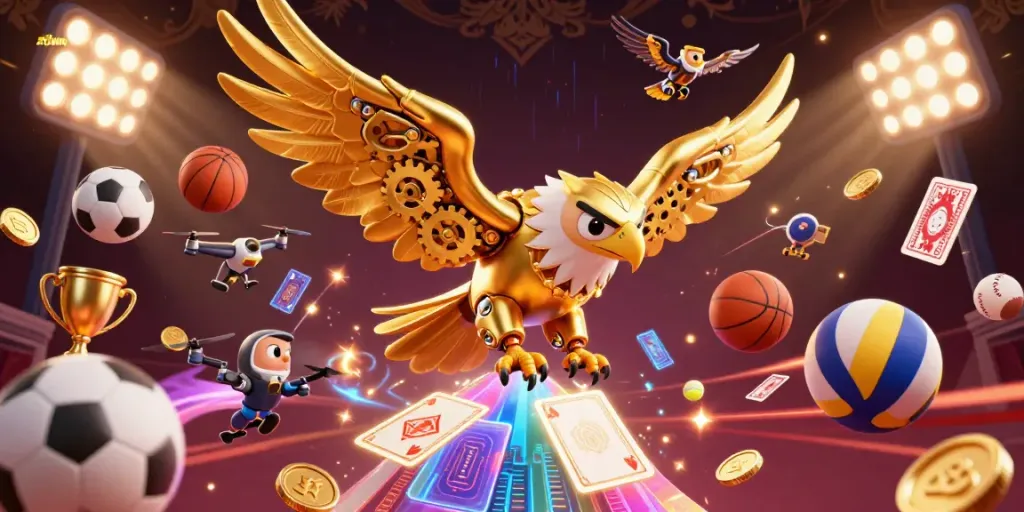 Experience the thrill of 78win with a vibrant 3D illustration of a golden eagle soaring through holographic casino elements.