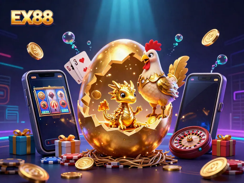 Experience the excitement of EX88 with a captivating illustration of a golden dragon guarding poker chips.