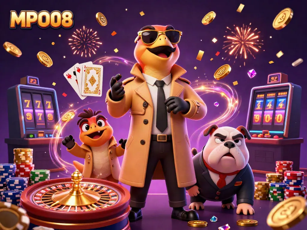MPO08 showcases a humorous scene with raptors in a trench coat at a casino entrance amidst sparkling action.