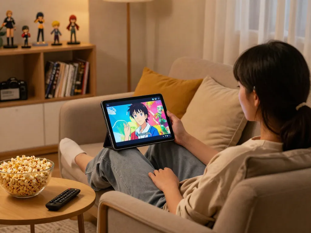 Profitez de l'application Senpai Stream dans un salon confortable avec ambiance chaleureuse.