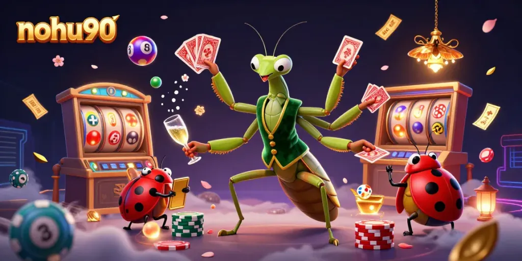 Catching the excitement at nohu90 with a giant praying mantis dealer and colorful lottery motifs.