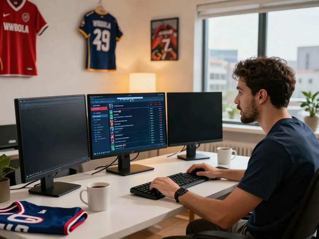 Sports fan engaging with WWBOLA odds and game statistics in a stylish home office.