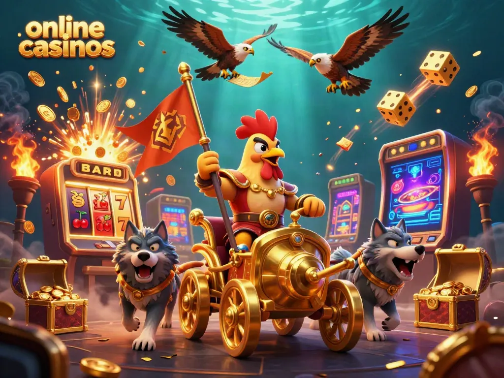 Experience thrilling online casinos with a rooster warlord and jackpot excitement.