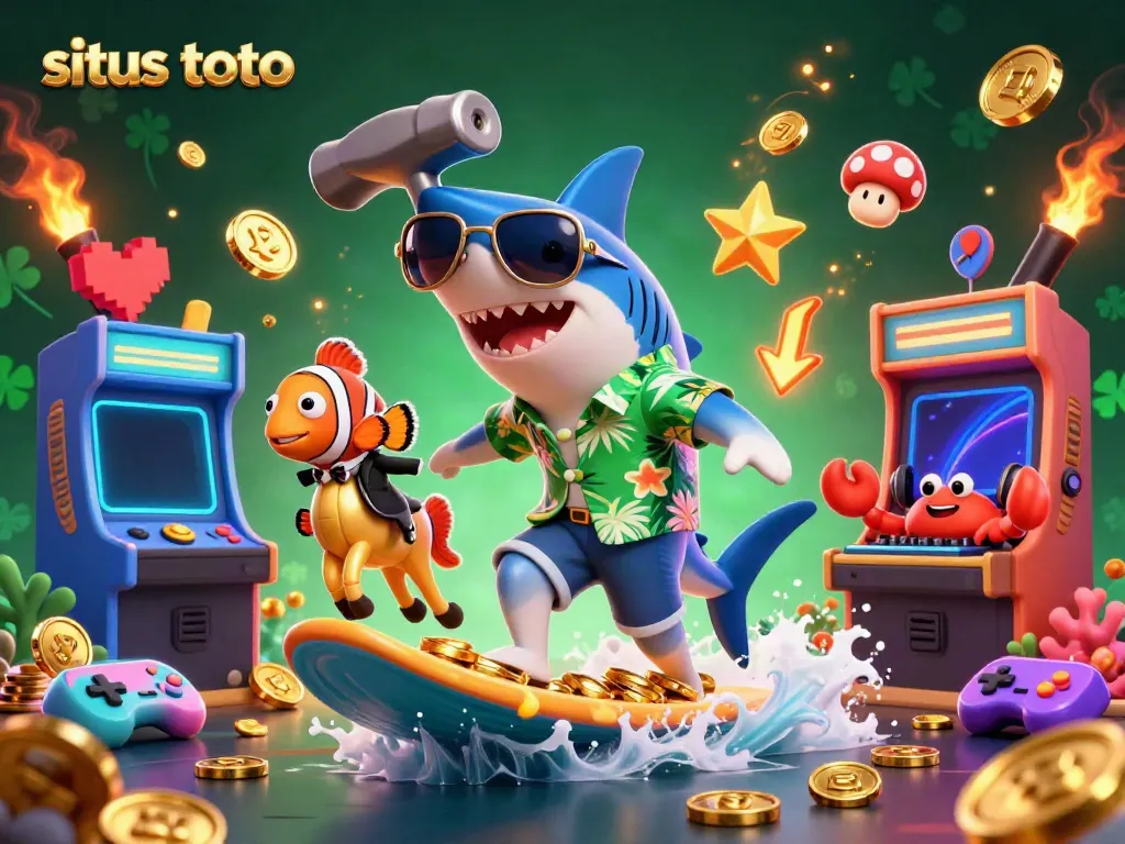 Experience the excitement of situs toto with a dynamic 3D scene showcasing a shark, clownfish, and crab DJ amidst casino-themed elements.