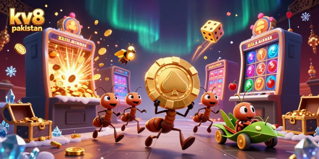 Engage with kv8 Pakistan's vibrant casino scene featuring playful animated ants stealing a giant poker chip.