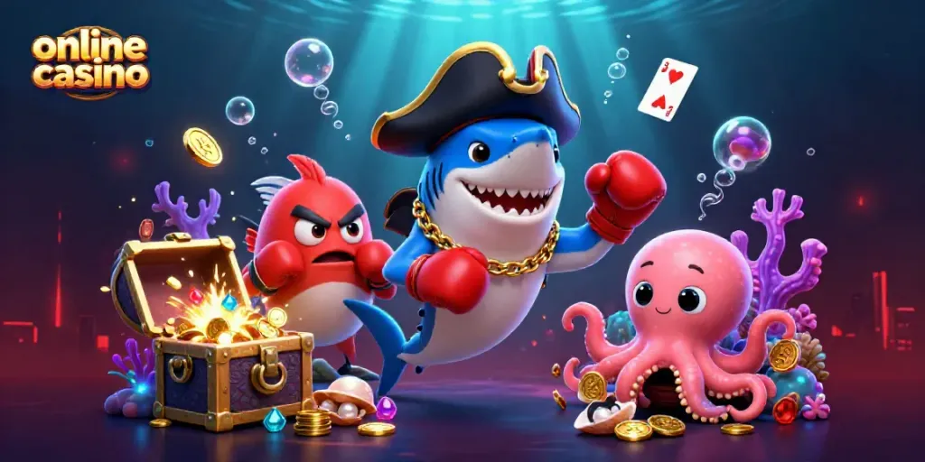 Experience a vivid underwater online casino-themed scene with colorful cartoon characters and gaming elements.