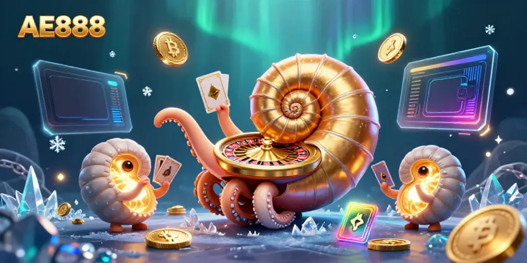 Spin the AE888 roulette with glowing crypto elements showcasing a futuristic casino scene.
