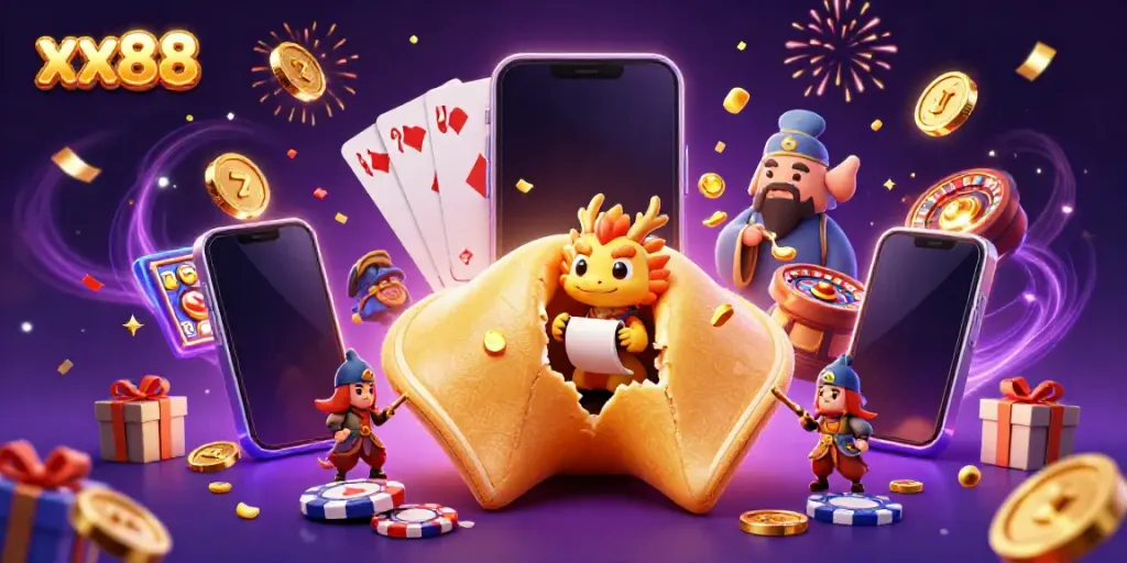 Experience the thrill of xx88 with golden coins, slot games, and a wise dragon in a vibrant casino scene.