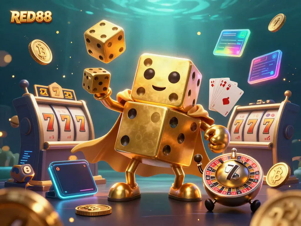 Experience thrilling gaming with RED88's lively 3D scene featuring golden dice and slots.