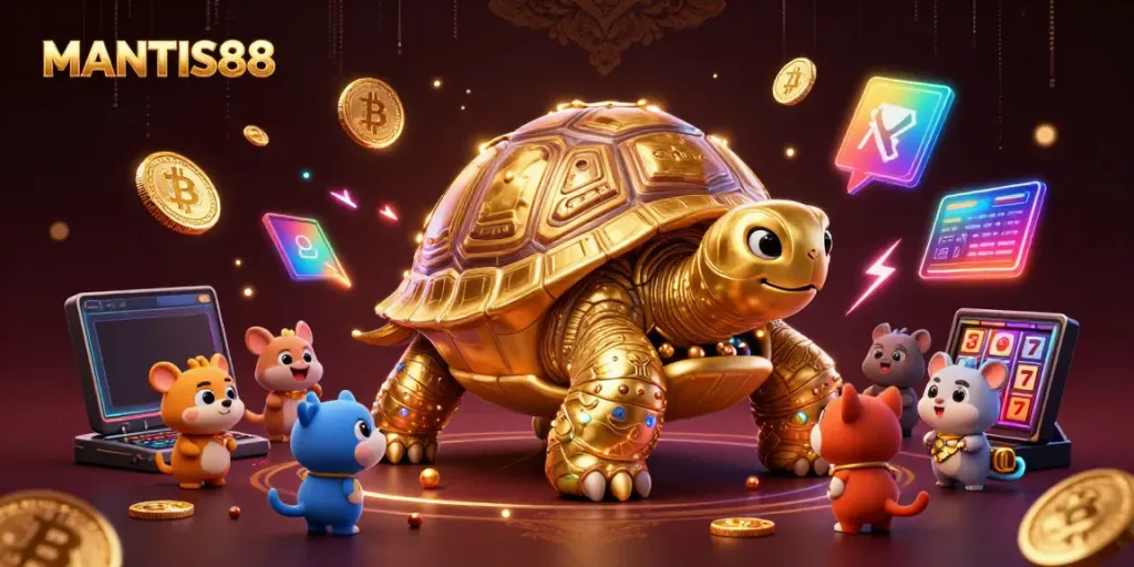 Experience exciting gameplay with MANTIS88 in a vibrant 3D illustration of a golden tortoise pinball machine surrounded by crypto elements.