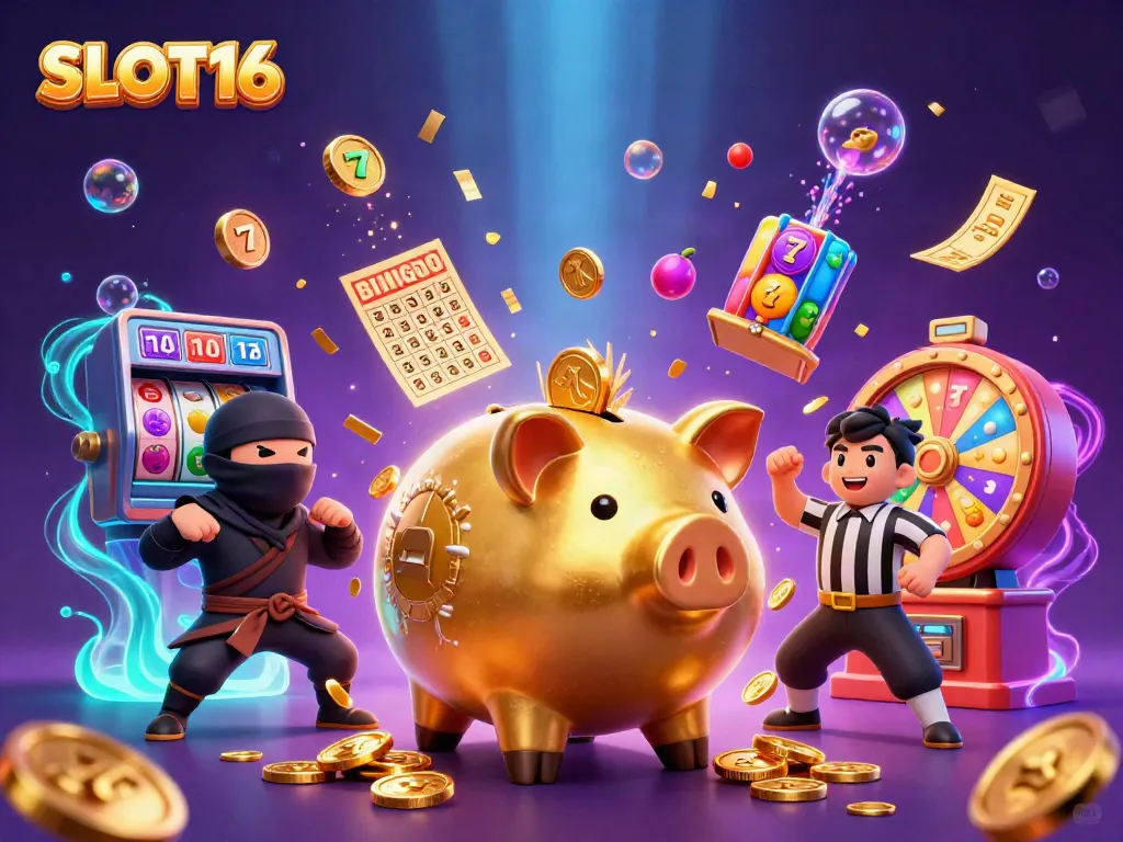 Experience the excitement of SLOT16 with a lively illustration of a golden piggy bank sumo wrestler amidst dynamic casino elements.