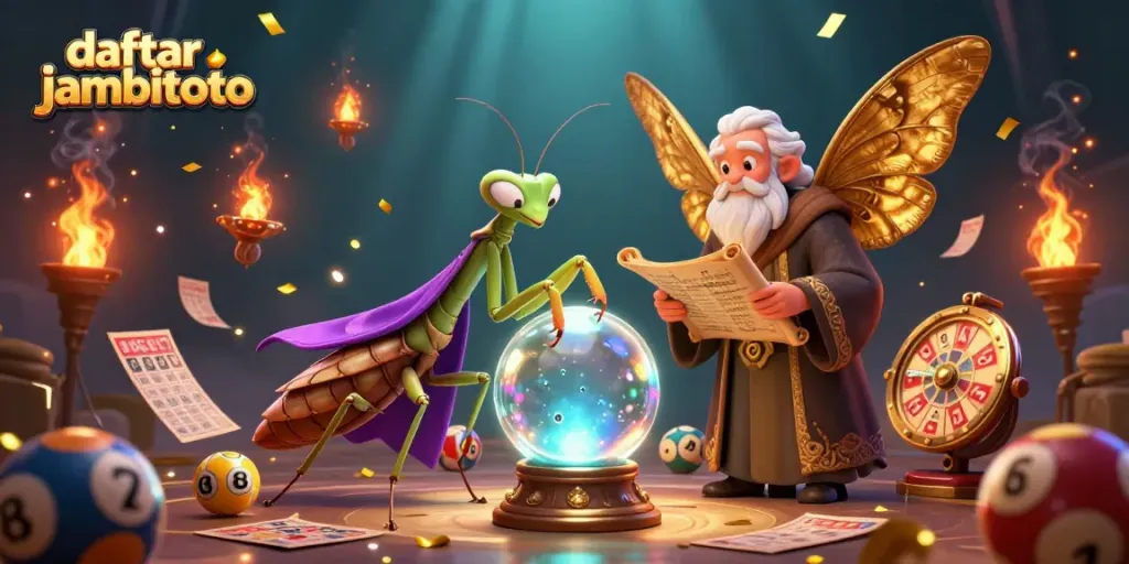 Engage with daftar jambitoto in a vibrant lottery scene with mystical characters and floating game elements.