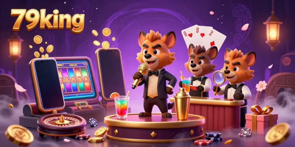 Experience the excitement of 79king with a lively casino scene featuring hyenas, slot games, and vibrant energy.