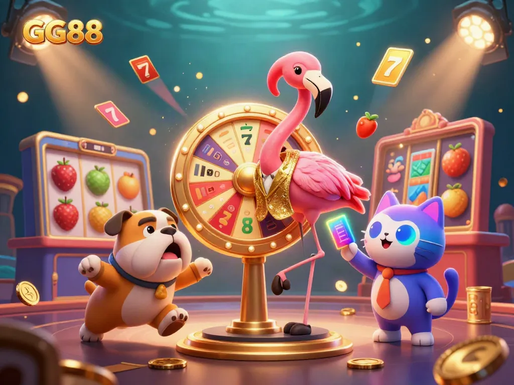 Experience the excitement of GG88 with dynamic casino action, featuring a flamingo host and a bulldog contestant.