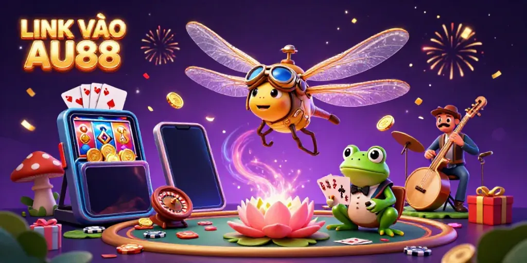 Experience excitement with LINK VÀO AU88 in this vibrant casino scene featuring a dragonfly pilot and frog croupier.