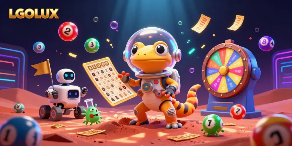 Witness the Martian gecko uncovering the vibrant universe of LGOLUX casino games and prizes.
