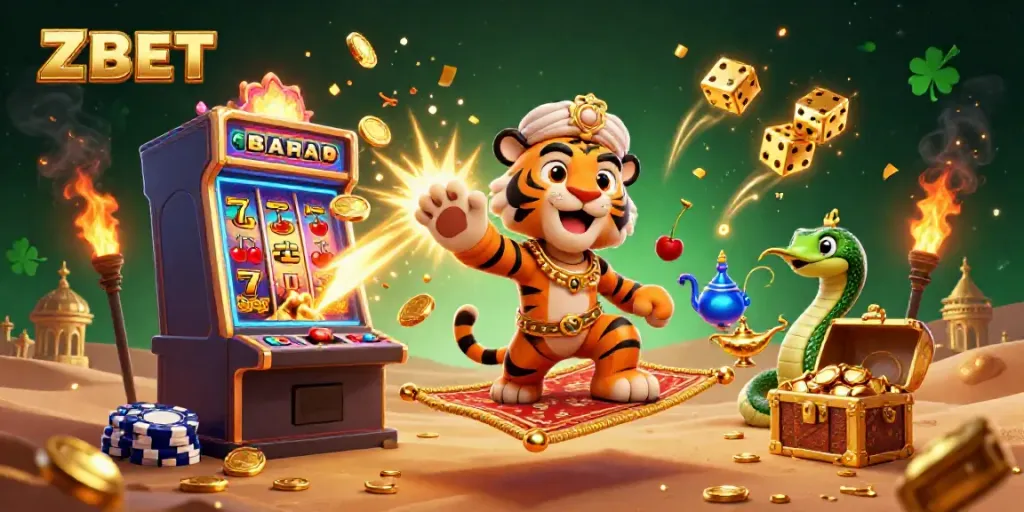 ZBET offers thrilling casino adventures with a majestic tiger sultan, bursting slot machines, and golden treasures.