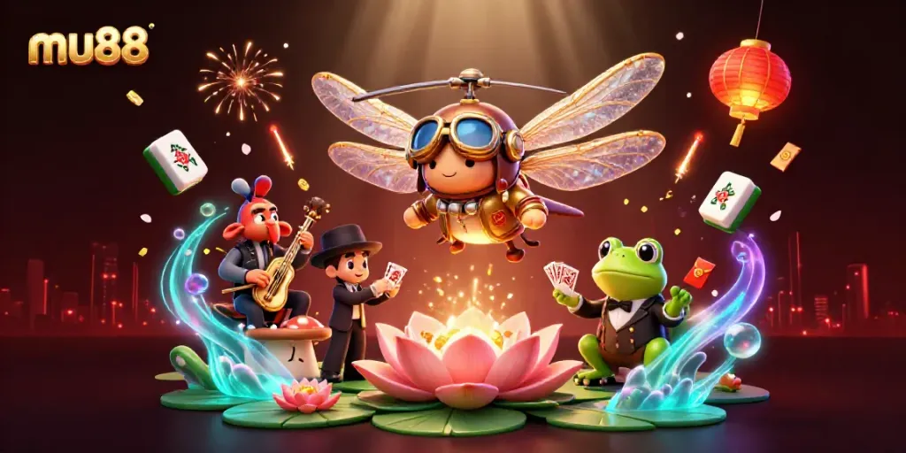 Experience the excitement of mu88 with a dynamic scene of casino action featuring a dragonfly pilot and frog croupier.