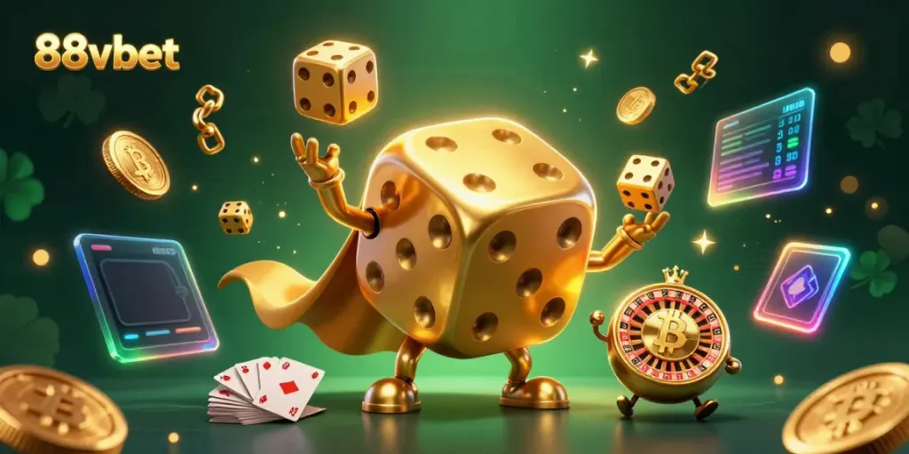 Experience thrilling gameplay at 88vbet with a lively cartoon scene featuring golden dice and crypto elements.