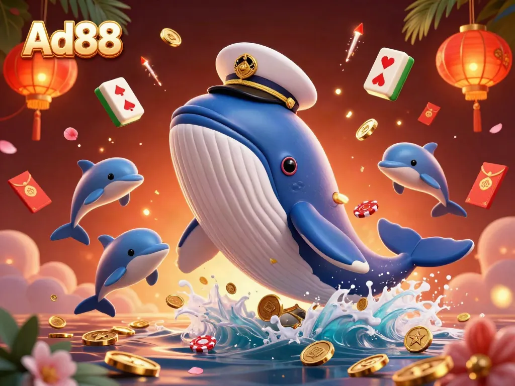Experience the thrill of Ad88 with a whimsical scene of a cartoon whale and playful dolphins amidst magical casino elements.