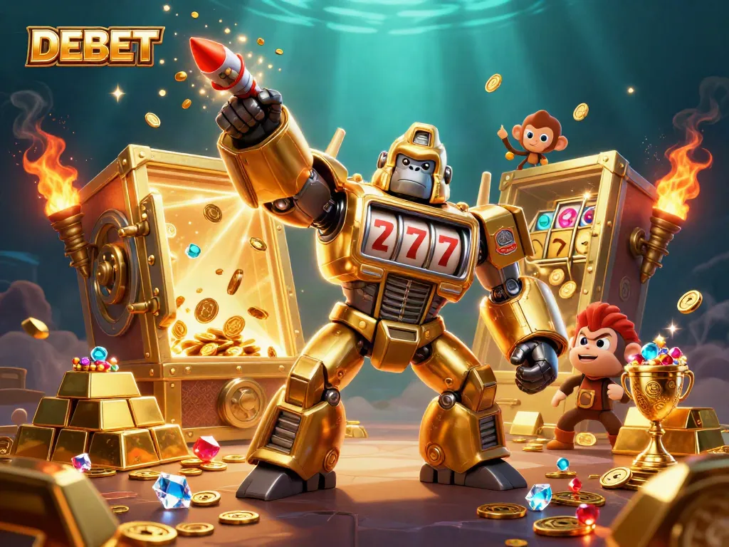 Experience DEBET's thrilling gameplay with a dazzling scene of a golden gorilla mech amidst riches and excitement.