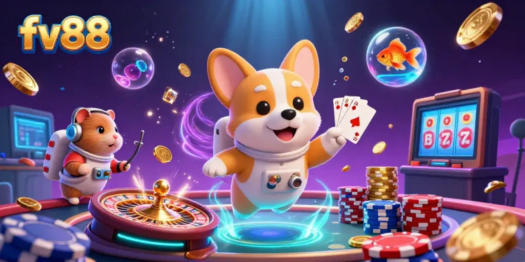 Experience thrilling casino adventures with fv88 as a 3D cartoon astronaut corgi explores a space station filled with playful elements.
