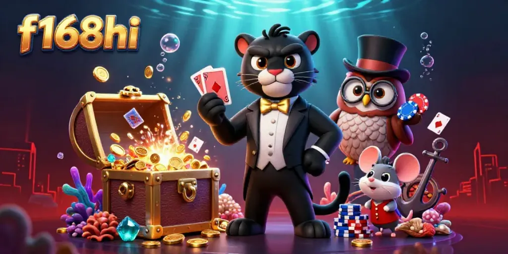 Experience the thrilling f168hi casino world with a vibrant scene featuring interactive characters and game elements.