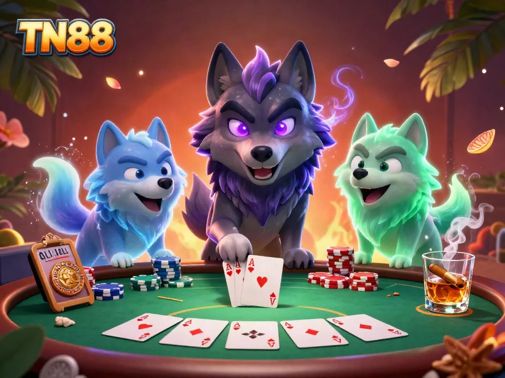 Engage in an exciting poker game with TN88 features vivid ghostly wolves and vibrant casino elements.