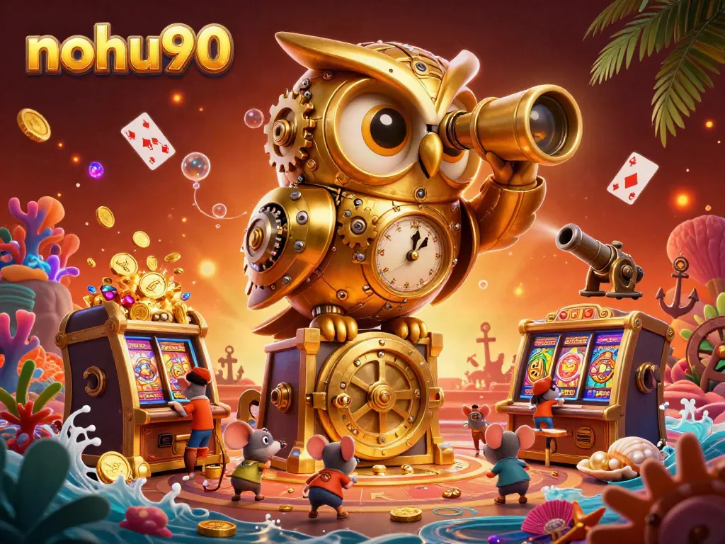 Experience the thrill at nohu90 with a vibrant 3D illustration of casino excitement featuring a golden owl and dynamic casino elements.