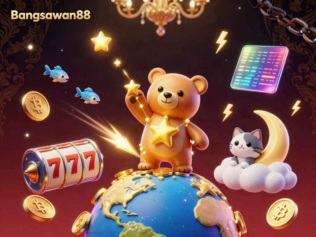 Bangsawan88 showcases an enchanting online casino scene with a winning constellation bear and vibrant slot reels.